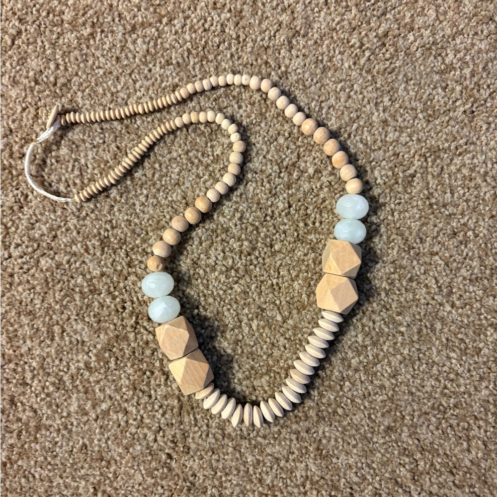 Wooden Bead Necklace with Blue Accents